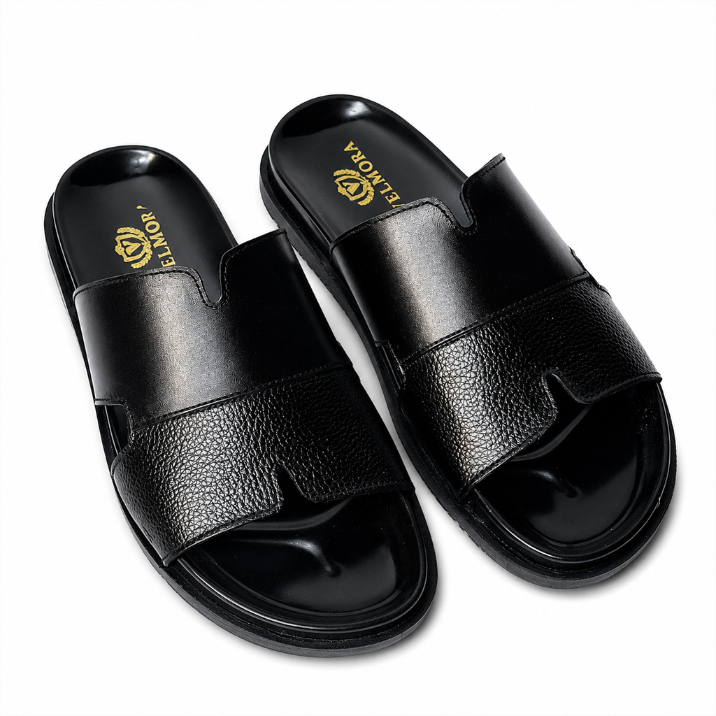 Premium Black Textured Leather Contemporary Sandals