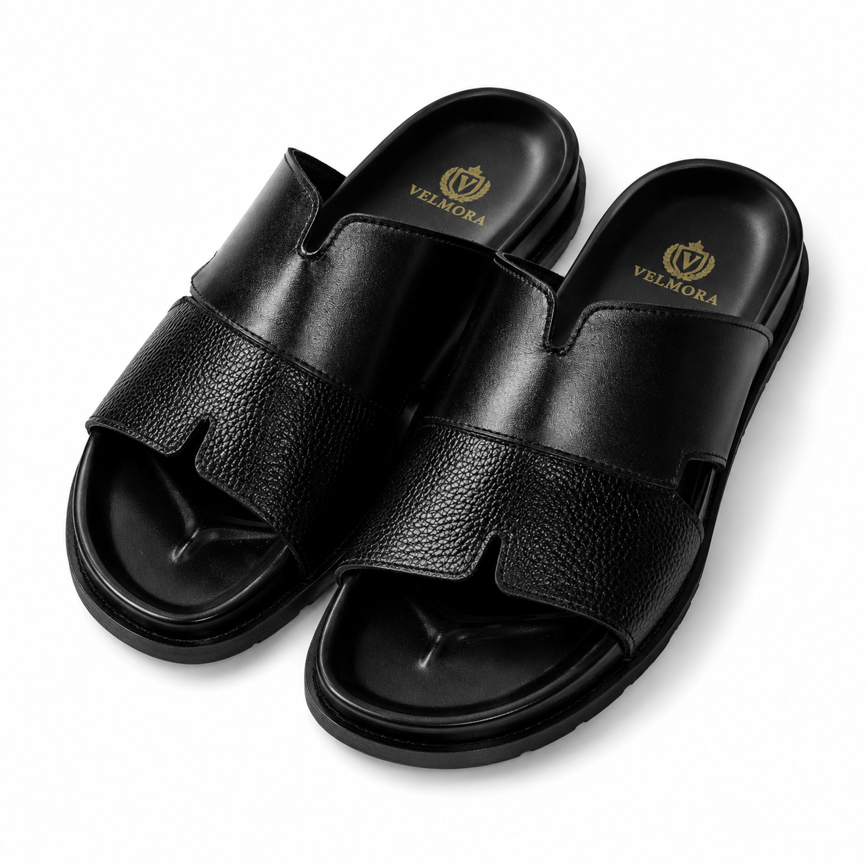 Premium Black Textured Leather Contemporary Slippers
