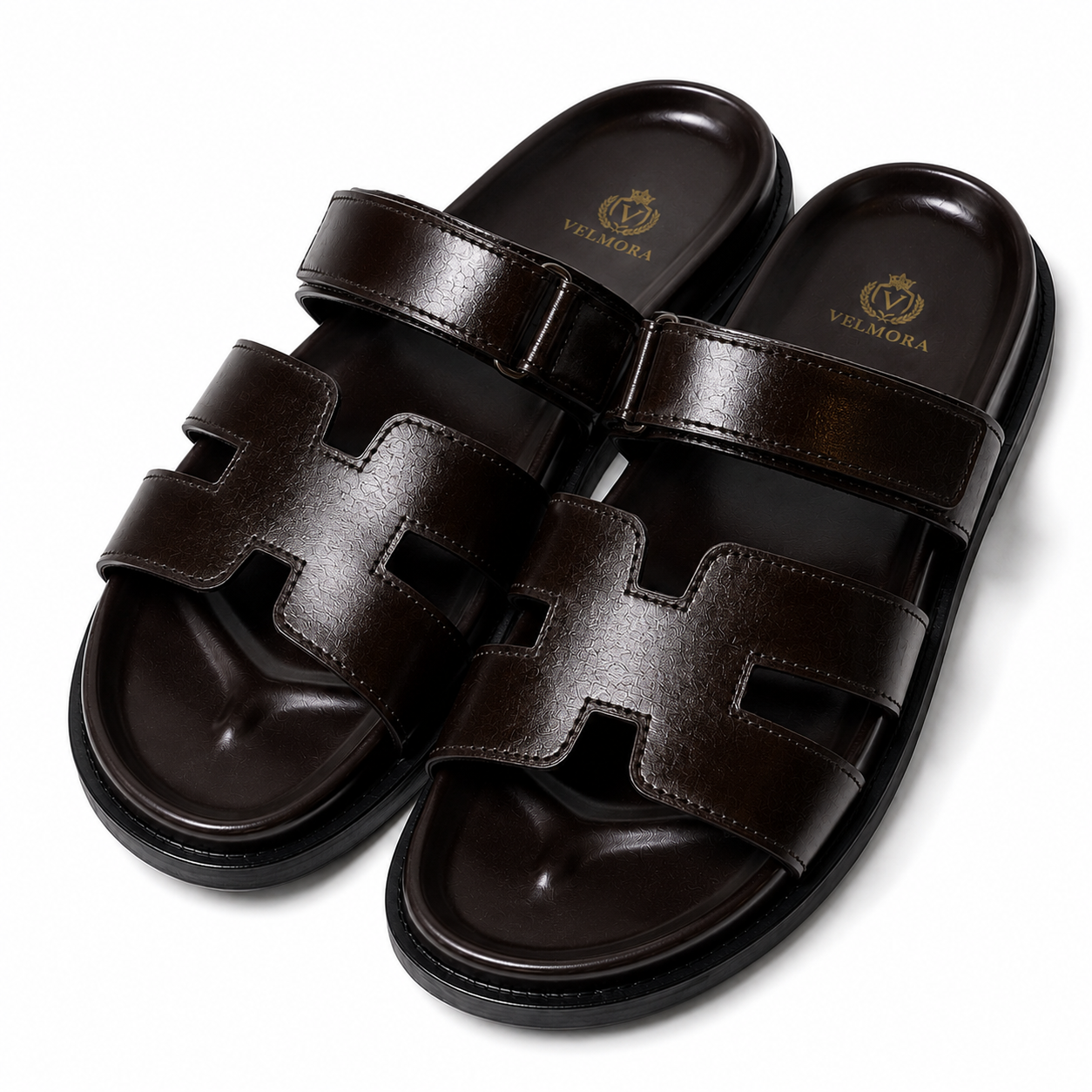 Premium Dark Brown H-Strap Leather Slippers