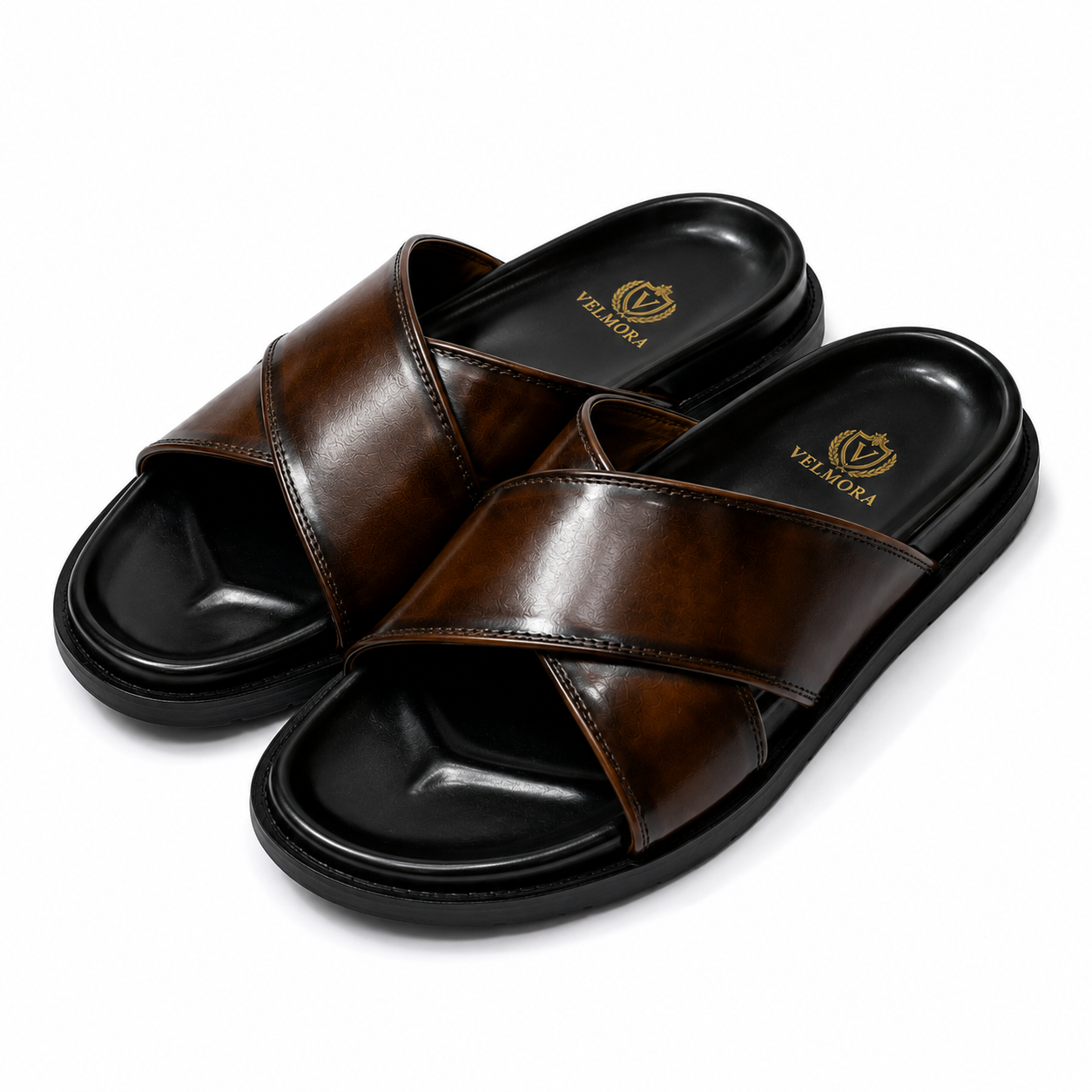 Premium Dark Brown Cross-Strap Leather Slippers