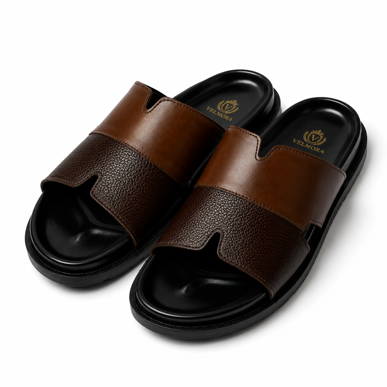 Premium Two-Tone Brown Leather Contemporary Slippers