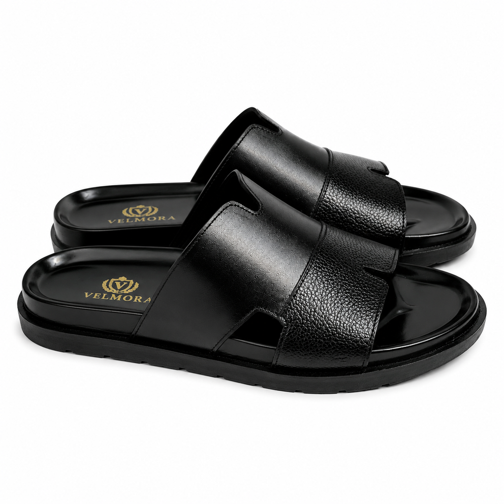 Premium Black Textured Leather Contemporary Sandals