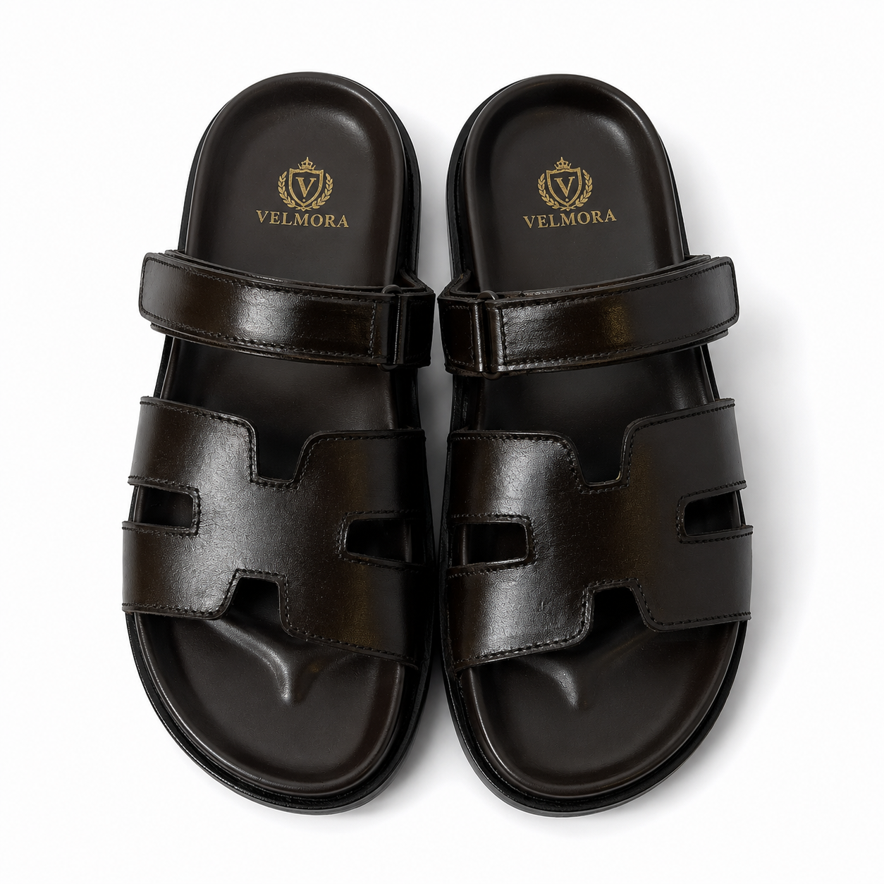Premium Dark Brown H-Strap Leather Slippers