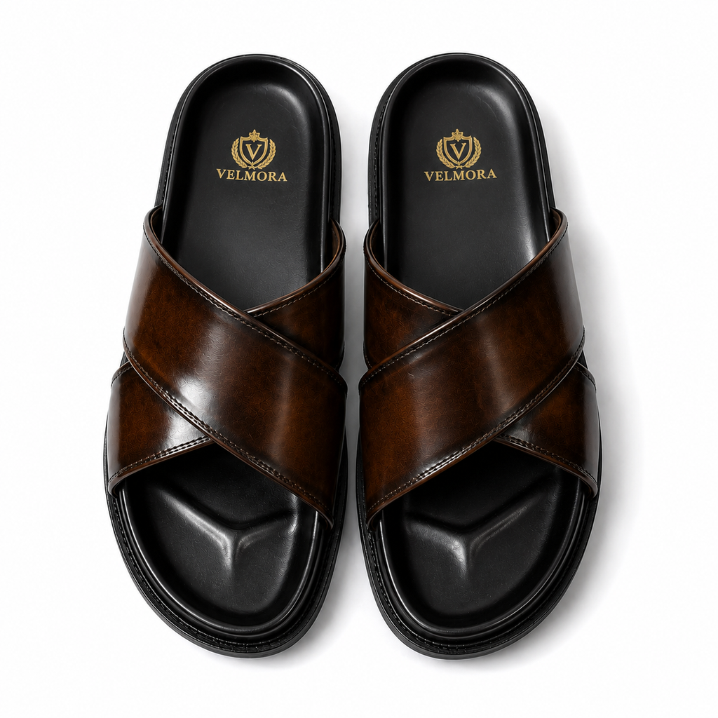 Premium Dark Brown Cross-Strap Leather Slippers