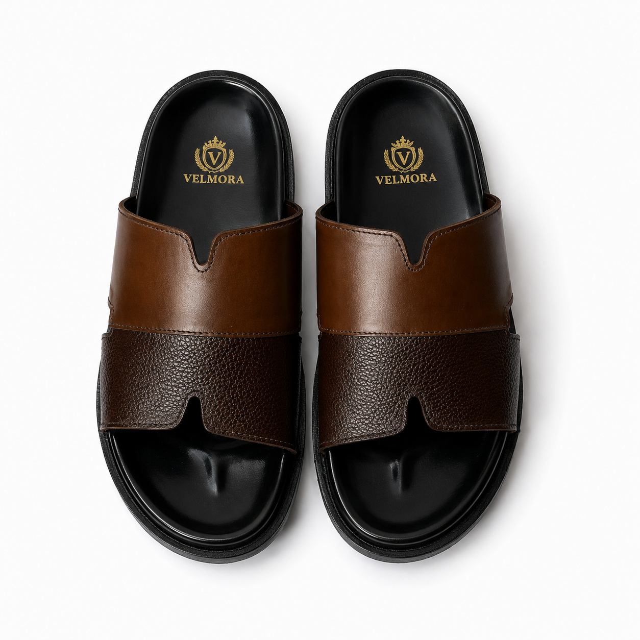 Premium Two-Tone Brown Leather Contemporary Slippers