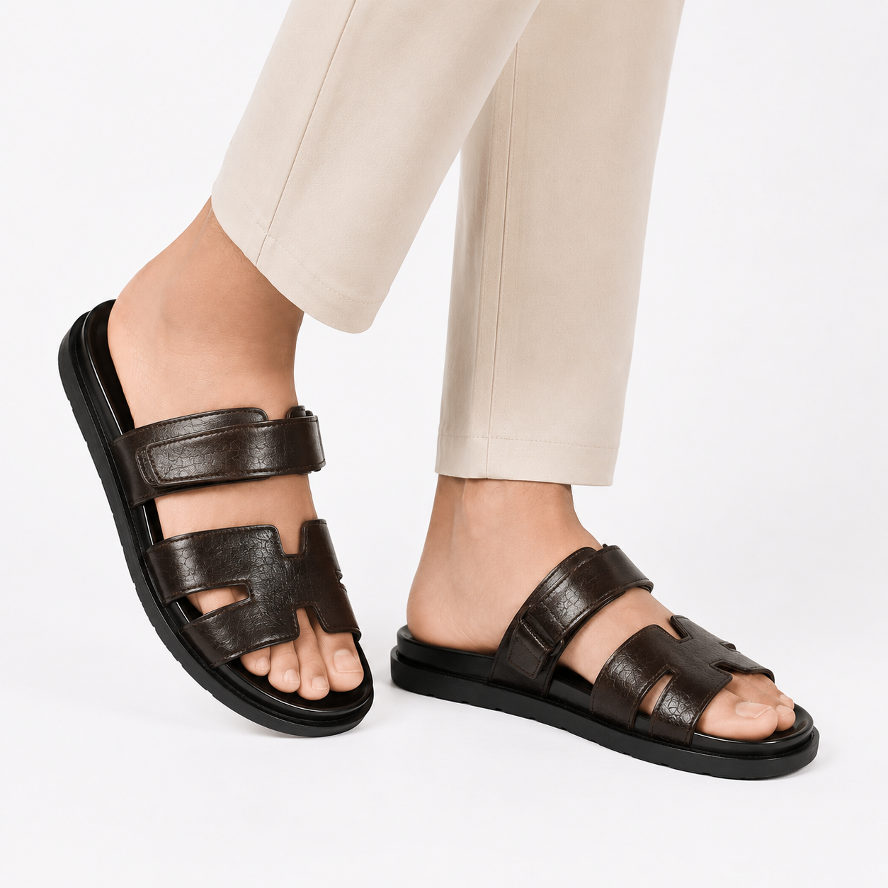 Premium Dark Brown H-Strap Leather Sandals