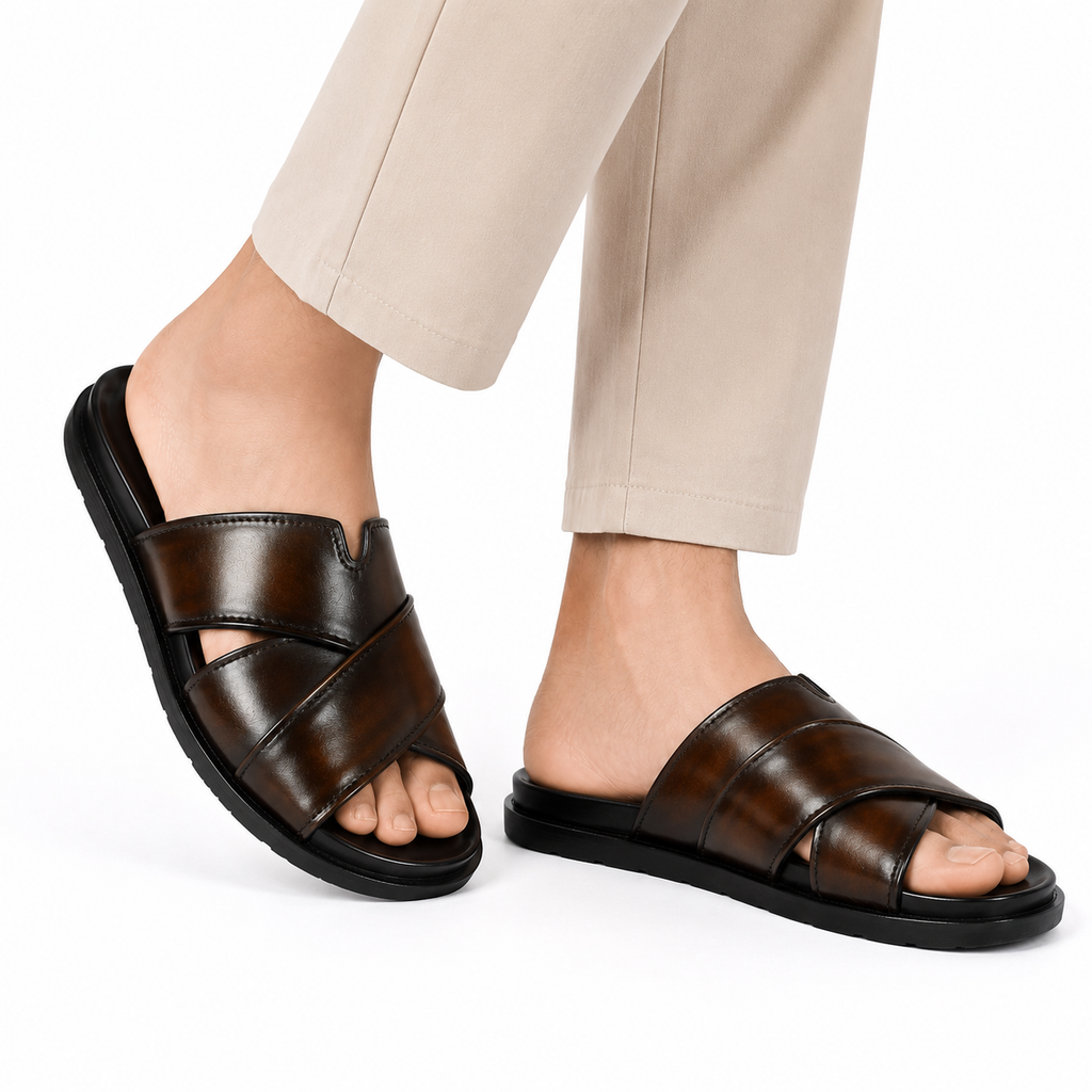 Premium Dark Brown Cross-Strap Leather Sandals