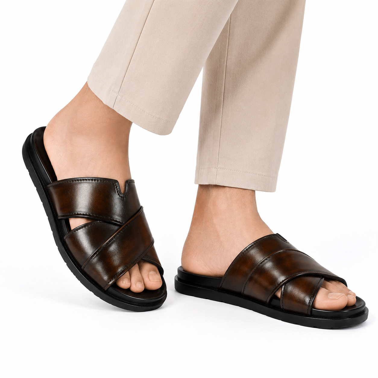 Premium Dark Brown Cross-Strap Leather Sandals