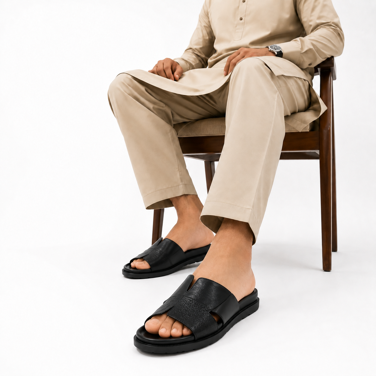 Premium Black Textured Leather Contemporary Slippers