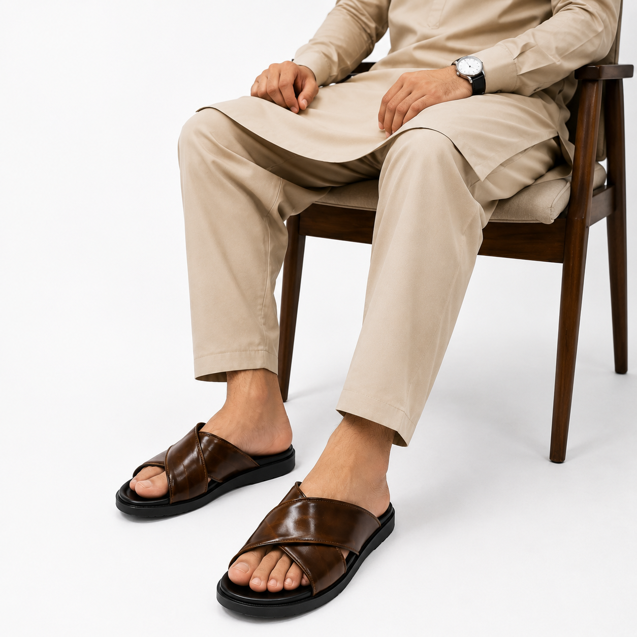Premium Dark Brown Cross-Strap Leather Slippers