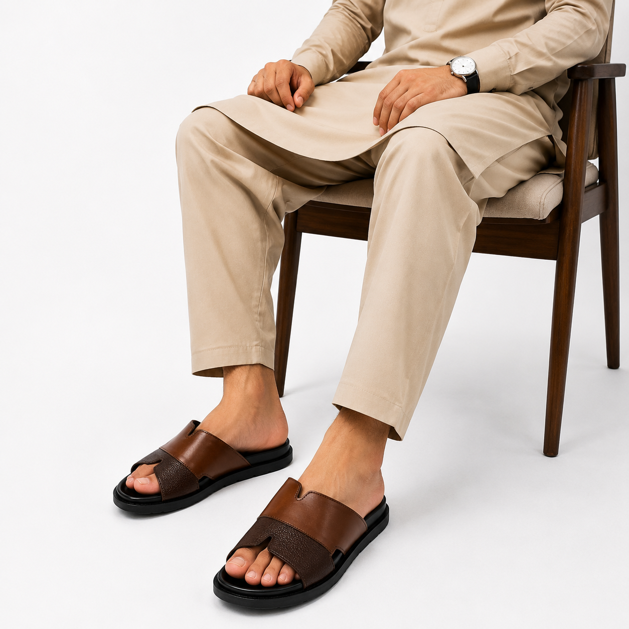 Premium Two-Tone Brown Leather Contemporary Slippers