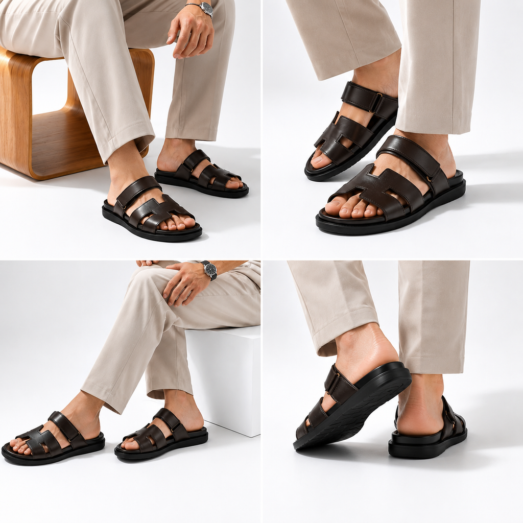 Premium Dark Brown H-Strap Leather Sandals
