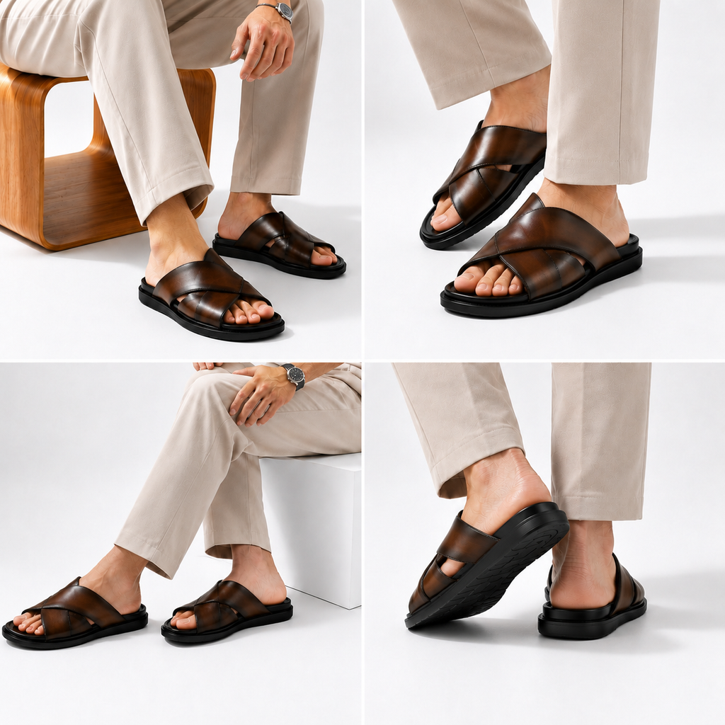 Premium Dark Brown Cross-Strap Leather Sandals