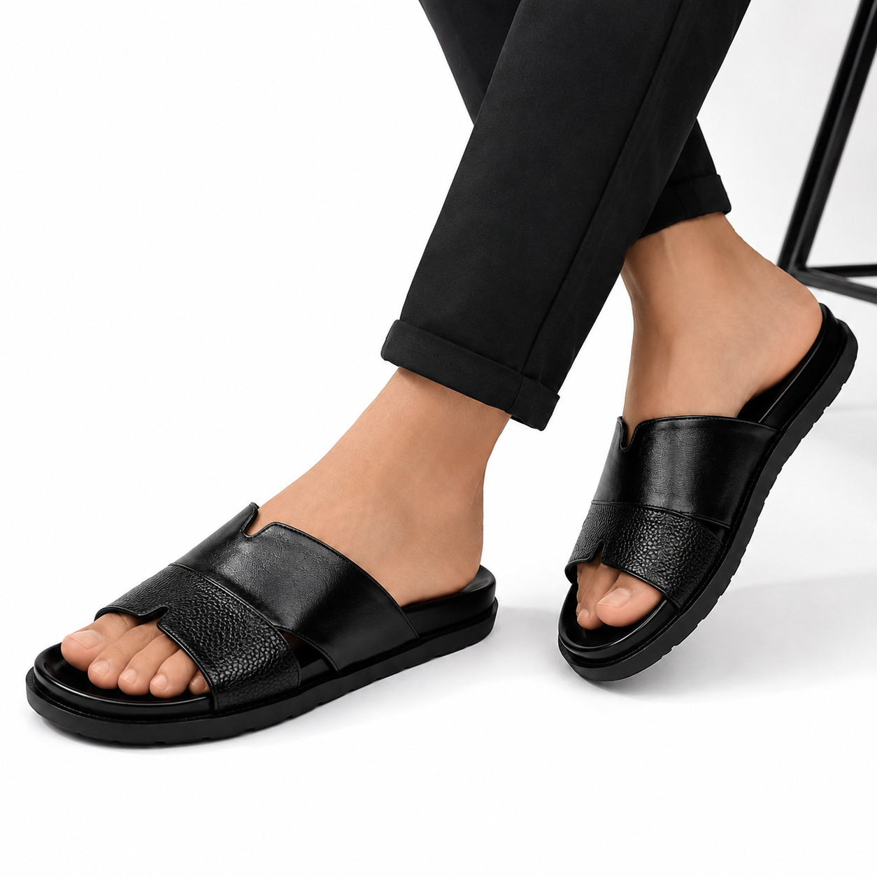 Premium Black Textured Leather Contemporary Slippers