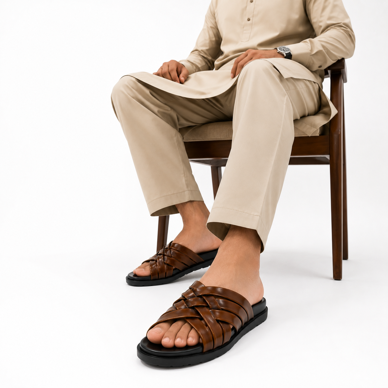 Premium Woven Leather Strappy Slippers