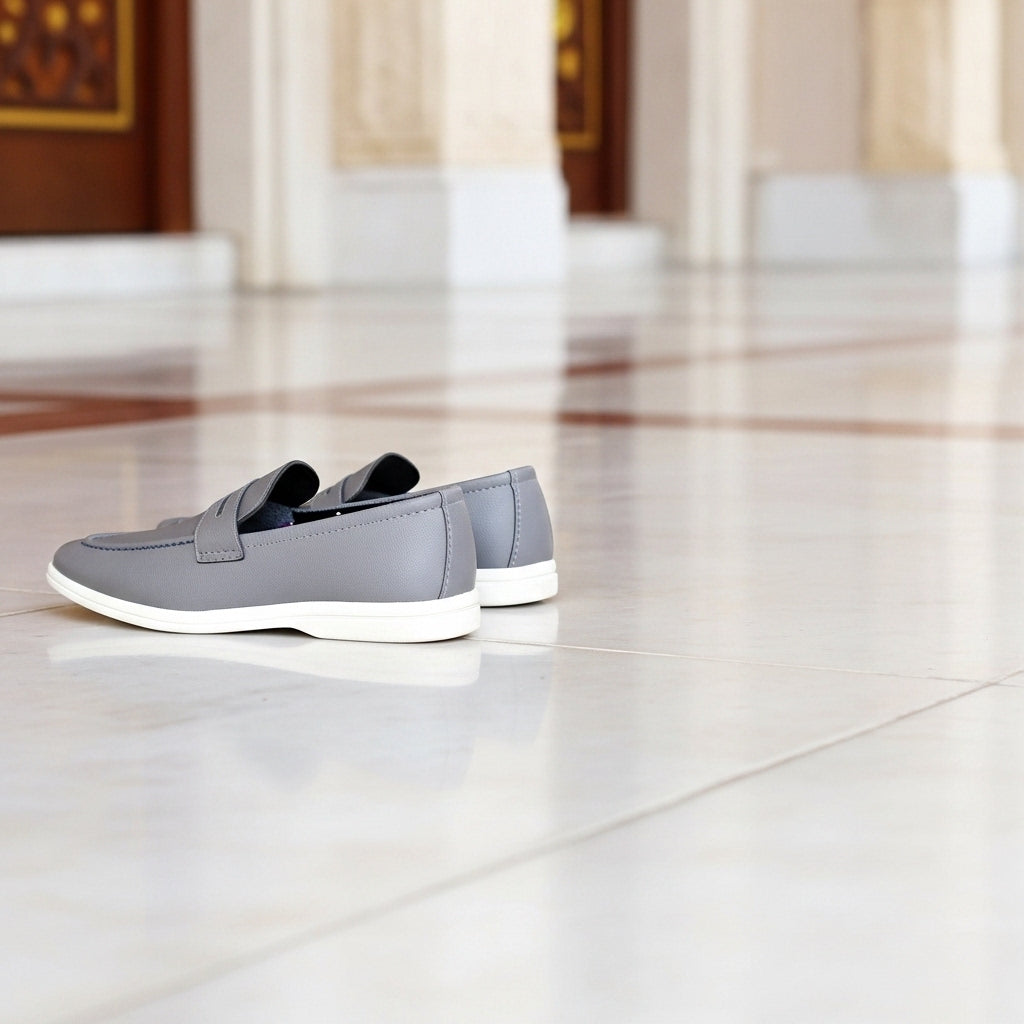 Men's Textured Grey Leather Penny Loafers with Contrasting White Sole
